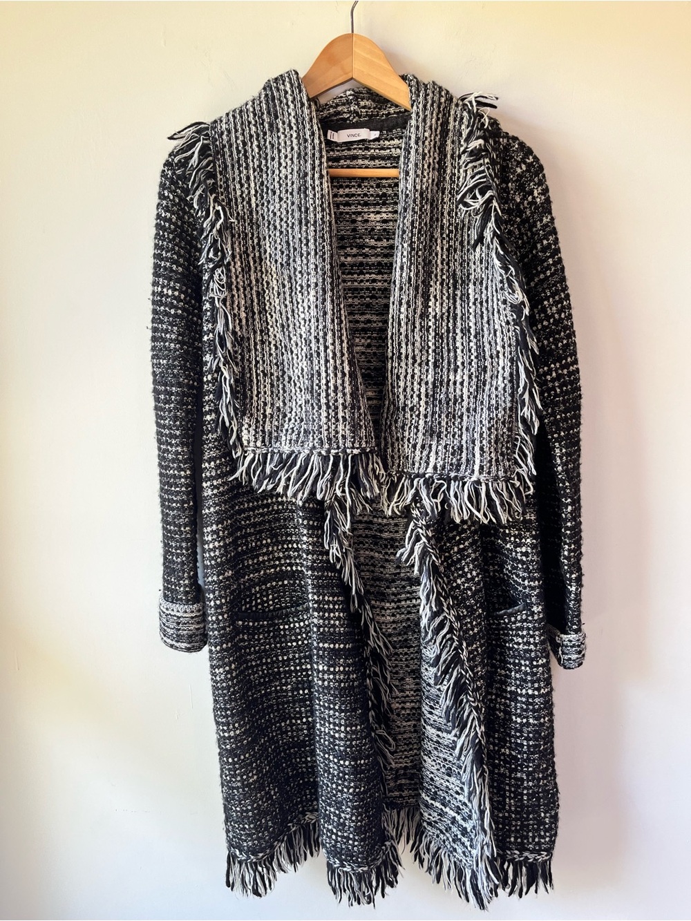 Vince Wool Open Cardigan Sweater Jacket with Fringe and Leather Details XS